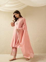 Peach Embroidered Kurta Pant Set with Dupatta
