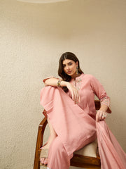 Peach Embroidered Kurta Pant Set with Dupatta