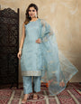 Pastel Sky Blue Embroidered Kurta Set with Organza Dupatta | Elegant Ethnic Outfit for Women