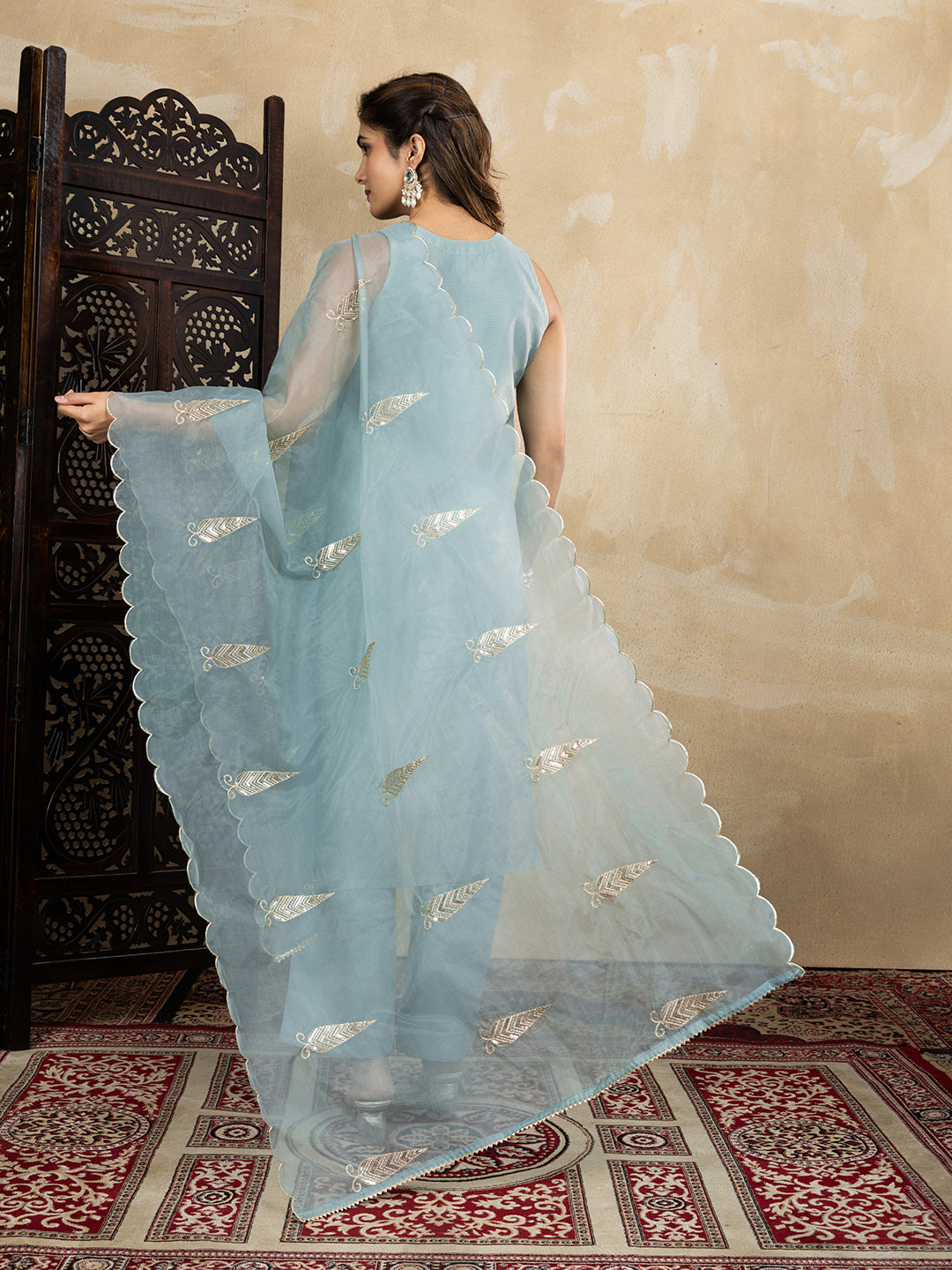 Pastel Sky Blue Embroidered Kurta Set with Organza Dupatta | Elegant Ethnic Outfit for Women
