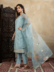 Pastel Sky Blue Embroidered Kurta Set with Organza Dupatta | Elegant Ethnic Outfit for Women