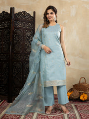 Pastel Sky Blue Embroidered Kurta Set with Organza Dupatta | Elegant Ethnic Outfit for Women