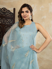 Pastel Sky Blue Embroidered Kurta Set with Organza Dupatta | Elegant Ethnic Outfit for Women