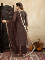 Chanderi Cotton Silk Brown Straight Kurta Set with Net Dupatta & Golden Detailing