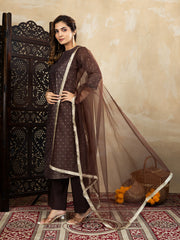 Chanderi Cotton Silk Brown Straight Kurta Set with Net Dupatta & Golden Detailing
