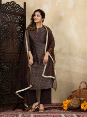Chanderi Cotton Silk Brown Straight Kurta Set with Net Dupatta & Golden Detailing