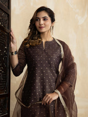Chanderi Cotton Silk Brown Straight Kurta Set with Net Dupatta & Golden Detailing