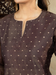 Chanderi Cotton Silk Brown Straight Kurta Set with Net Dupatta & Golden Detailing