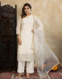 Chanderi Cotton Silk Off-White Straight Kurta Set with Net Dupatta & Golden Zari Weaving