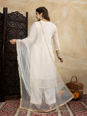 Chanderi Cotton Silk Off-White Straight Kurta Set with Net Dupatta & Golden Zari Weaving