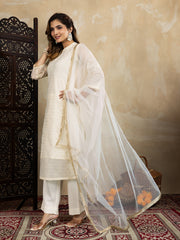 Chanderi Cotton Silk Off-White Straight Kurta Set with Net Dupatta & Golden Zari Weaving