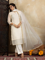 Chanderi Cotton Silk Off-White Straight Kurta Set with Net Dupatta & Golden Zari Weaving