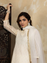 Chanderi Cotton Silk Off-White Straight Kurta Set with Net Dupatta & Golden Zari Weaving