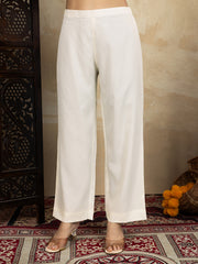 Chanderi Cotton Silk Off-White Straight Kurta Set with Net Dupatta & Golden Zari Weaving