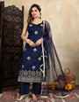 Silk Blend Navy Blue Embroidered Straight Kurta Set with Net Dupatta