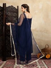 Silk Blend Navy Blue Embroidered Straight Kurta Set with Net Dupatta
