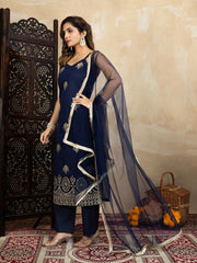 Silk Blend Navy Blue Embroidered Straight Kurta Set with Net Dupatta