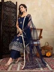 Silk Blend Navy Blue Embroidered Straight Kurta Set with Net Dupatta