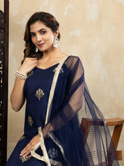 Silk Blend Navy Blue Embroidered Straight Kurta Set with Net Dupatta
