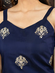 Silk Blend Navy Blue Embroidered Straight Kurta Set with Net Dupatta