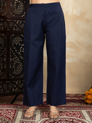 Silk Blend Navy Blue Embroidered Straight Kurta Set with Net Dupatta