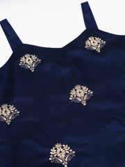 Silk Blend Navy Blue Embroidered Straight Kurta Set with Net Dupatta