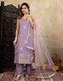 Silk Blend Purple Embroidered Straight Kurta Set with Net Dupatta