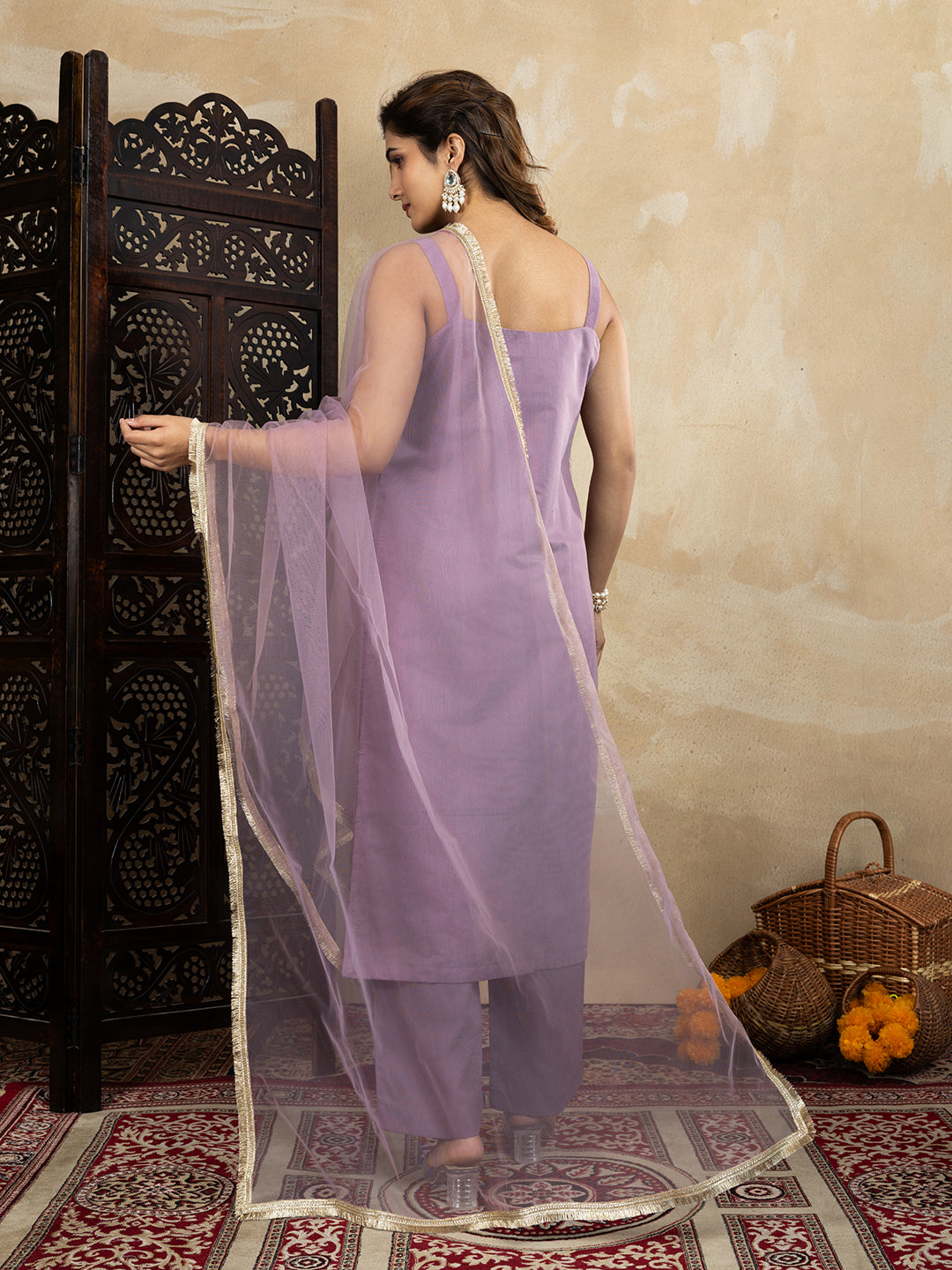 Silk Blend Purple Embroidered Straight Kurta Set with Net Dupatta