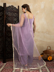 Silk Blend Purple Embroidered Straight Kurta Set with Net Dupatta