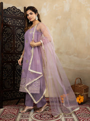 Silk Blend Purple Embroidered Straight Kurta Set with Net Dupatta