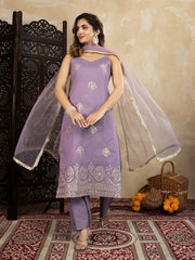 Silk Blend Purple Embroidered Straight Kurta Set with Net Dupatta