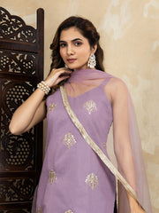Silk Blend Purple Embroidered Straight Kurta Set with Net Dupatta