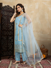 Silk Blend Sky Blue Embroidered Straight Kurta Set with Net Dupatta