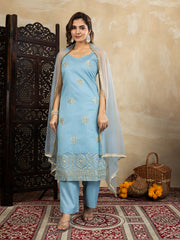 Silk Blend Sky Blue Embroidered Straight Kurta Set with Net Dupatta