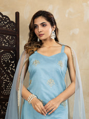 Silk Blend Sky Blue Embroidered Straight Kurta Set with Net Dupatta