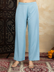 Silk Blend Sky Blue Embroidered Straight Kurta Set with Net Dupatta