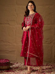Elegant Dpink Silk Blend Kurta Set with Embroidered Dupatta