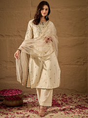 Graceful Off-White Silk Blend Kurta Set with Sheer Embroidered Dupatta