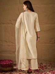 Graceful Off-White Silk Blend Kurta Set with Sheer Embroidered Dupatta