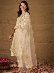 Graceful Off-White Silk Blend Kurta Set with Sheer Embroidered Dupatta