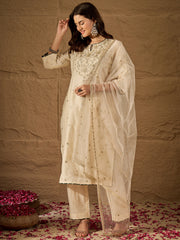 Graceful Off-White Silk Blend Kurta Set with Sheer Embroidered Dupatta