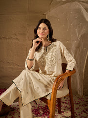Graceful Off-White Silk Blend Kurta Set with Sheer Embroidered Dupatta