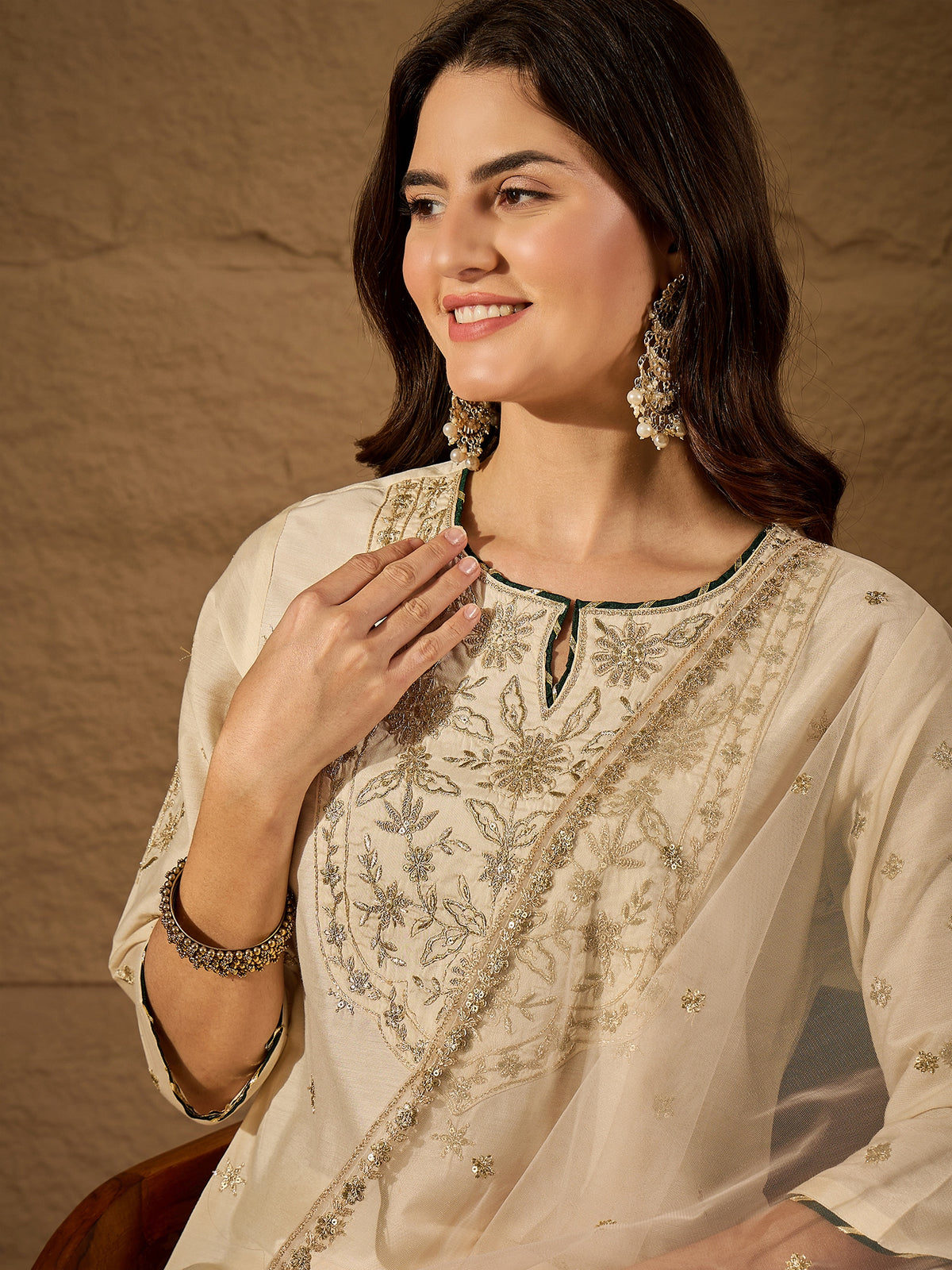 Graceful Off-White Silk Blend Kurta Set with Sheer Embroidered Dupatta
