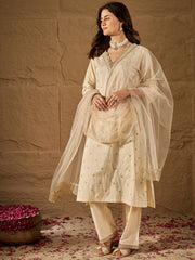 Classic Off-White Silk Blend Kurta Set with Net Dupatta