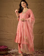 Charming Peach Silk Blend Kurta Set with Embroidered Net Dupatta