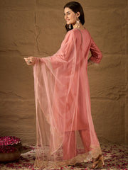 Charming Peach Silk Blend Kurta Set with Embroidered Net Dupatta