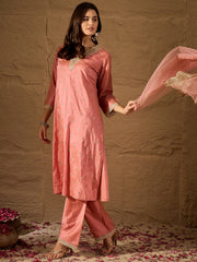 Charming Peach Silk Blend Kurta Set with Embroidered Net Dupatta