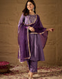 Royal Purple Silk Blend Kurta Set with Embroidered Yoke & Organza Dupatta