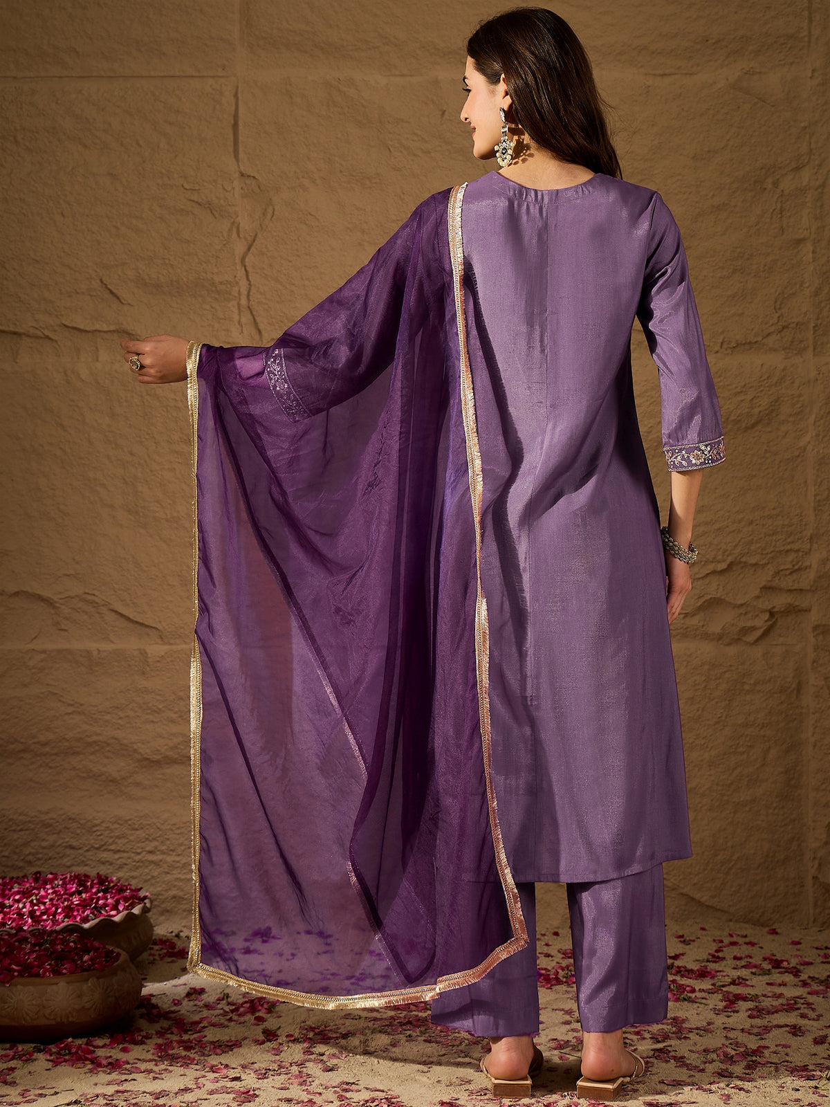 Royal Purple Silk Blend Kurta Set with Embroidered Yoke & Organza Dupatta