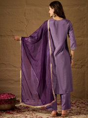 Royal Purple Silk Blend Kurta Set with Embroidered Yoke & Organza Dupatta
